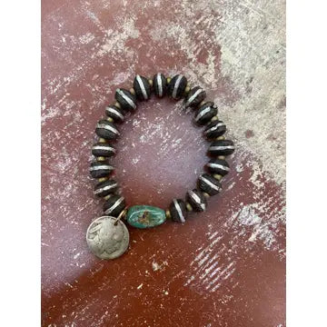 JF ~ Wood Silver w/Turquoise Buffalo Nickel Bracelet