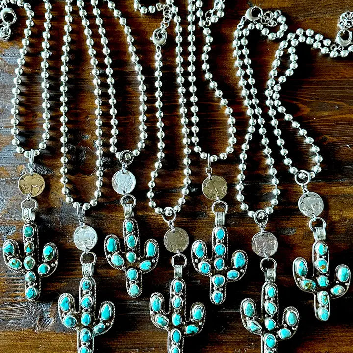 FWJ ~ Natural Turquoise Cactus Pendant w/Chief
