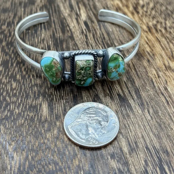 Navajo SS Sonoran Gold Turquoise Cluster Cuff Bracelet