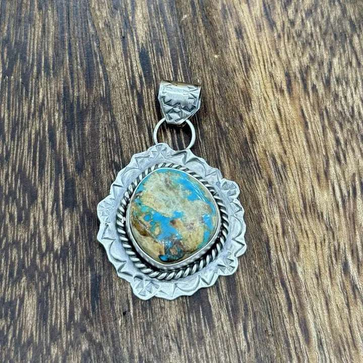 Navajo SS Royston Turquoise Stamped Pendant