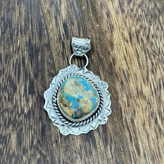 Navajo SS Royston Turquoise Stamped Pendant