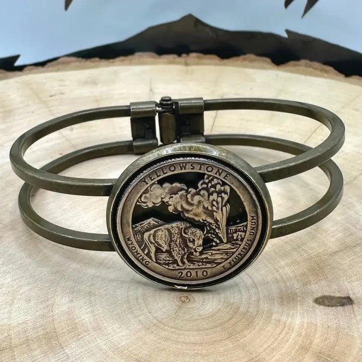 MCJ ~ U.S. National Park Quarter Hand Cut Coin Bronze Bracelet (Yellowstone Wyo-2010)