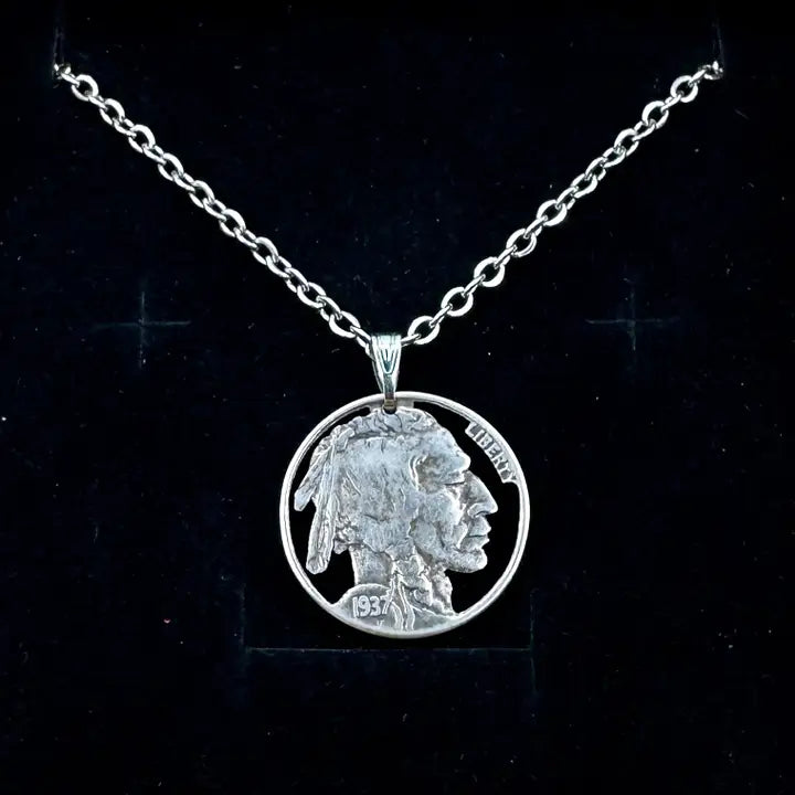 MCJ ~ U.S. Buffalo Nickel Hand Cut NK Native American  (Stainless 18" Chain)