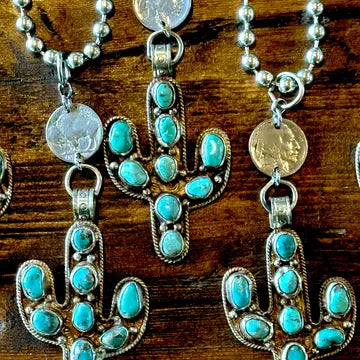 FWJ ~ Natural Turquoise Cactus Pendant w/Chief