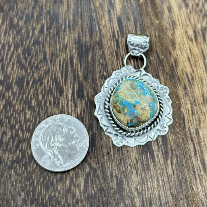 Navajo SS Royston Turquoise Stamped Pendant