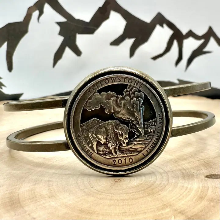 MCJ ~ U.S. National Park Quarter Hand Cut Coin Bronze Bracelet (Yellowstone Wyo-2010)