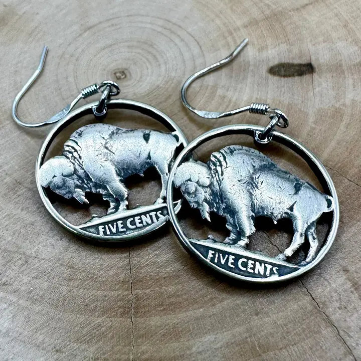 MCJ ~ U.S. Buffalo Nickel Hand Cut Coin Earrings (Patina)