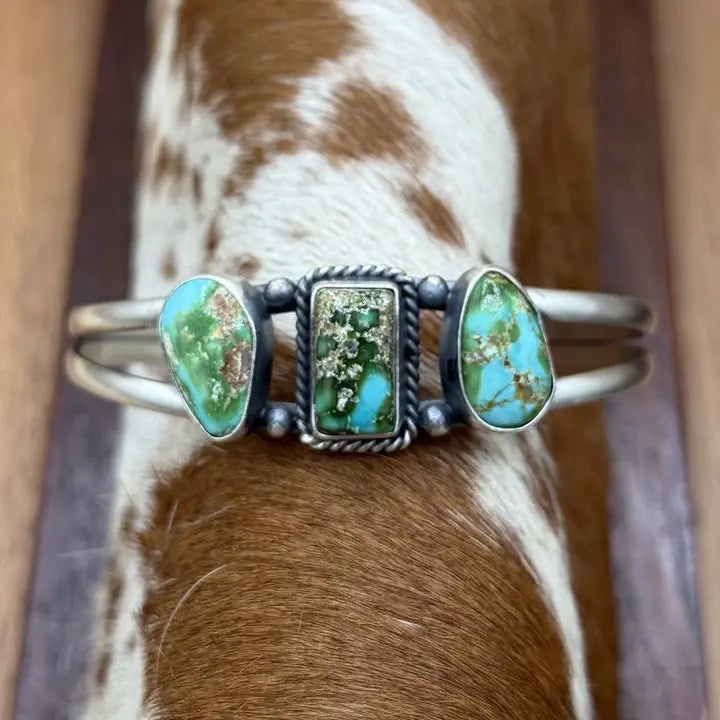 Navajo SS Sonoran Gold Turquoise Cluster Cuff Bracelet