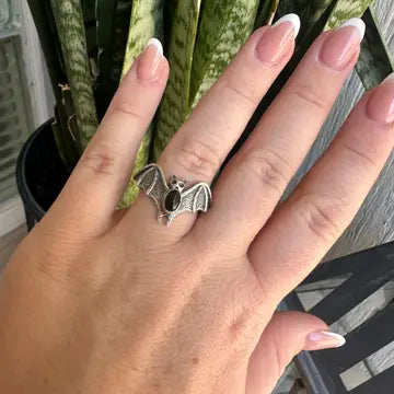 NIZ ~ Sterling Silver Onyx Bat Ring (Adjustable)